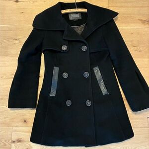 MACKAGE Black Wool Cashmere Peacoat Leather Trim Double Breasted